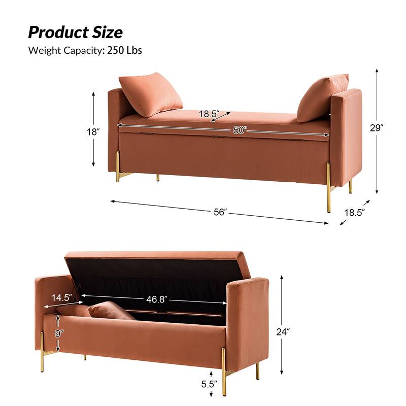 Angelus Modern 56''W Upholstered Flip Top Storage Bench withTwo Pillows and Arms by HULALA HOME