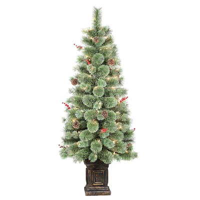 Puleo International 4.5 ft. Pre-Lit Potted Natural Pine Artificial Christmas Tree