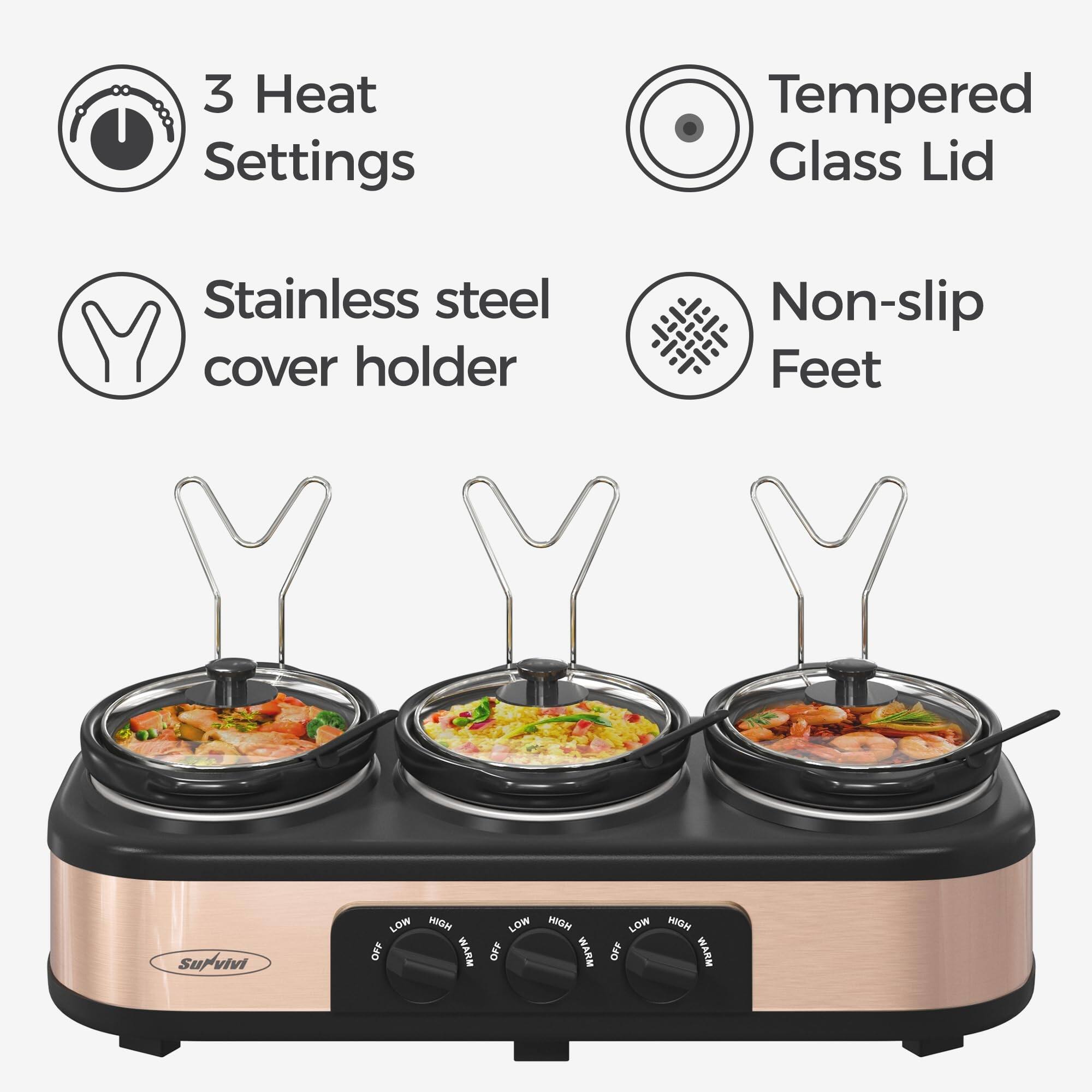 Triple Slow Cookers, 3x1.5 Qt Food Warmer AdjustableTemp Buffet Server, Mini Crock Dips Pot