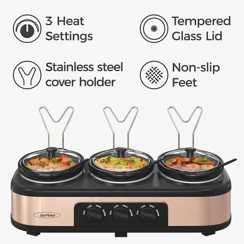 Triple Slow Cookers, 3x1.5 Qt Food Warmer Adjustable-Temp Buffet Server ...