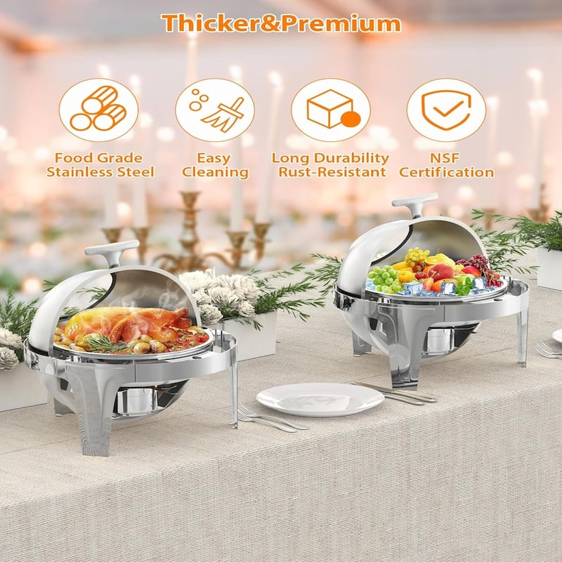 6.3 Quart Round Roll Top Chafing Dish Buffet Set with Glass Window for Party Wedding Banquet Graduation Event Silver - 6L