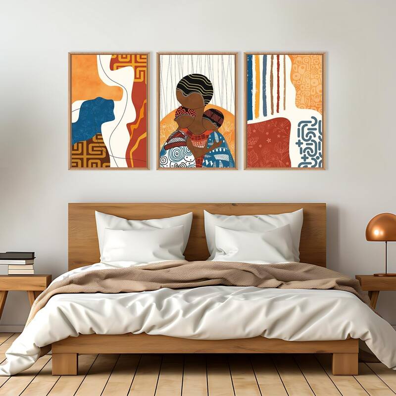 Boho Abstract Black Woman Framed Canvas Wall Art Set