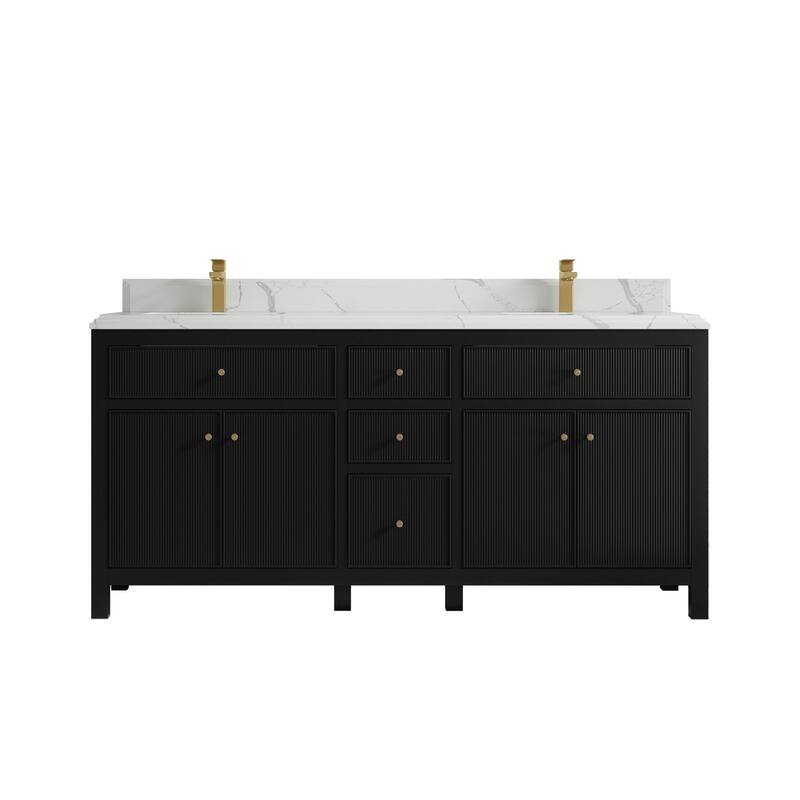 Willow Collections 72 in W x 22 in D Sonoma Free Standing Reeded Double Sink Bathroom Vanity with Countertop - 1.5" Calacatta Laza - Black