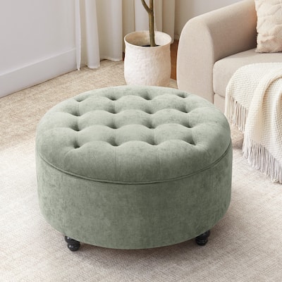 Tufted Large Round Storage Ottoman Footrest Beige/ Grey/ Blue