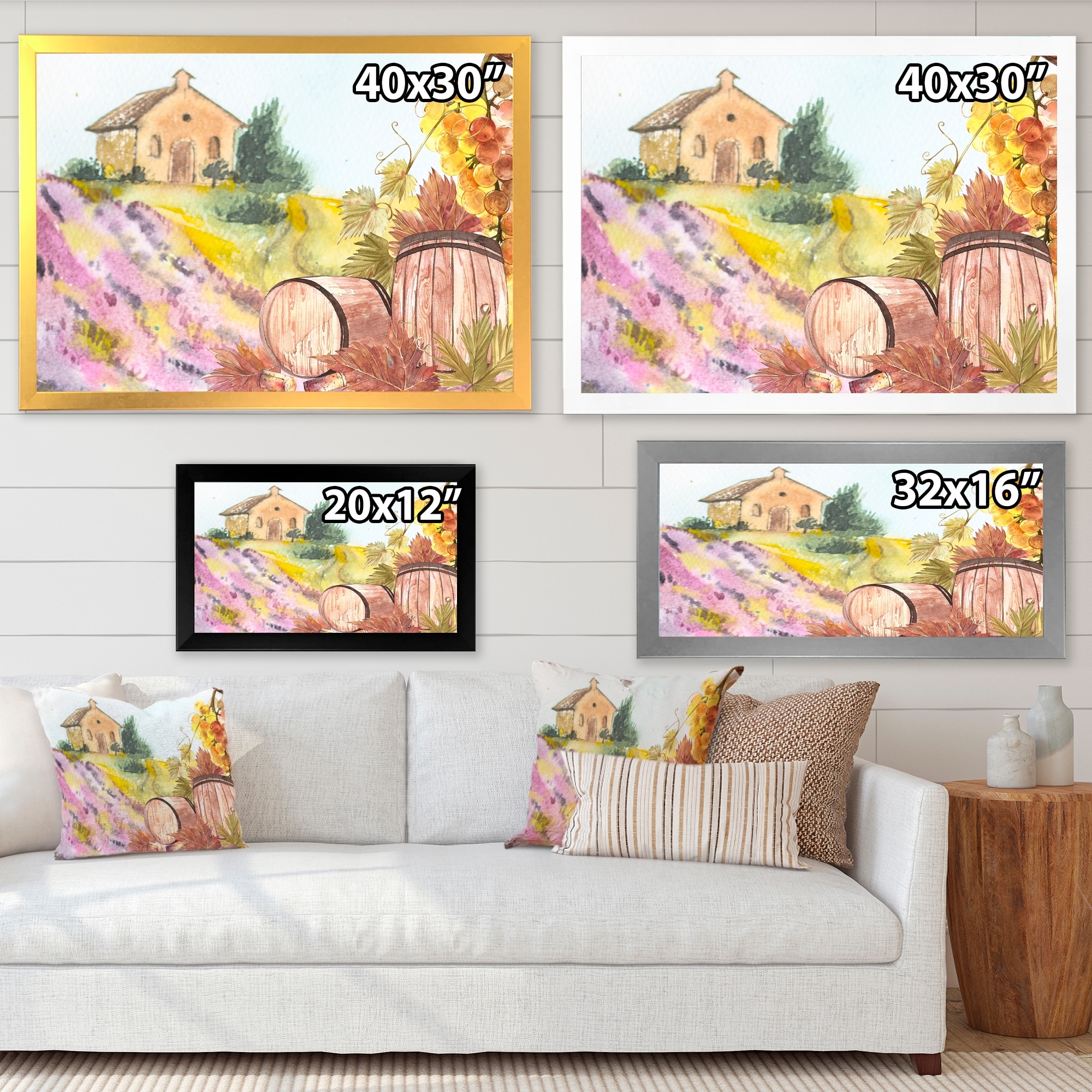 Wooden Barrels and Grape Leaves Country Framed Art Print by Designart-image