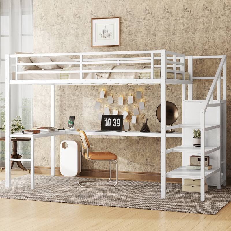 Full Size Metal Loft Bed - L-Shaped Desk with USB Ports, Wardrobe & Adjustable Shelves, LED Lighting for Teens & Adults