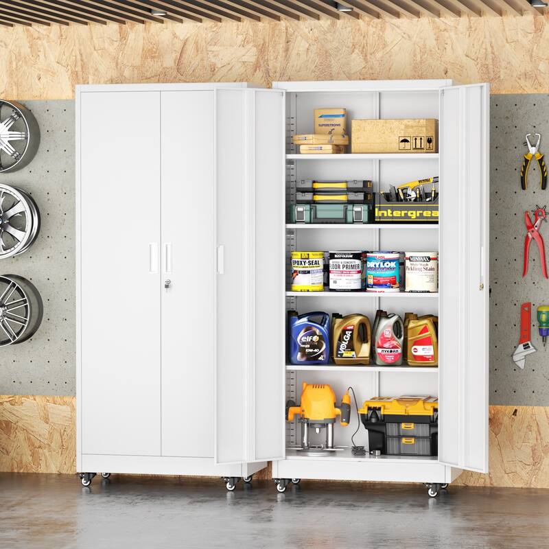 Tall Garage Storage Rolling Tool Cabinet with Locking Doors and Adjustable Shelves for Garage, Home Office, School