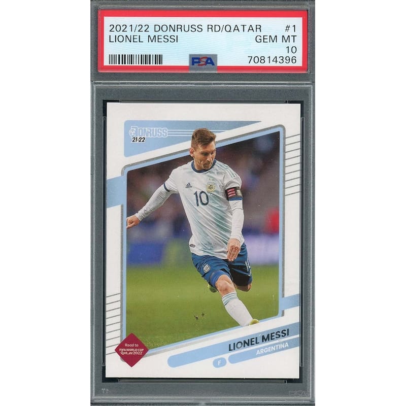 Lionel Messi 2021-22 Panini Donruss Qatar World Cup Card #1 Graded PSA 10 - 8'6" x 11'6"