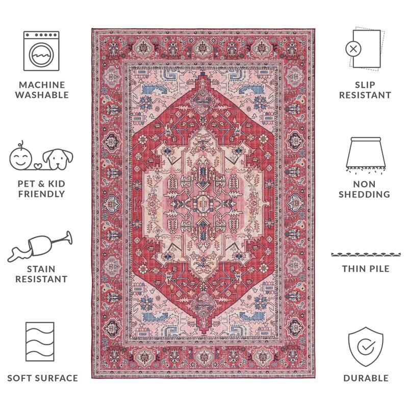 SAFAVIEH Tucson Machine Washable Slip Resistant Nevada Traditional Rug - 6' x 9' - Red/Pink