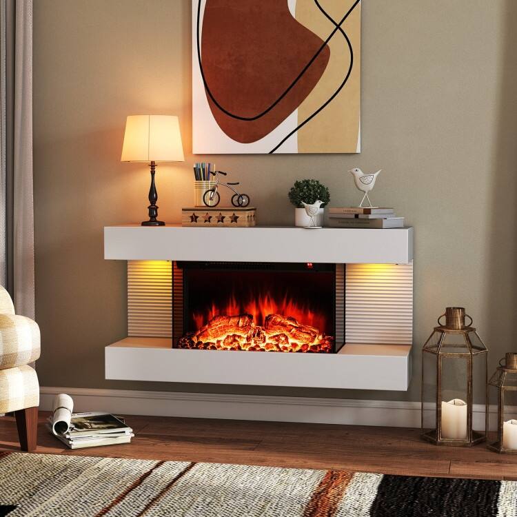 White Wall Mounted Floating Electric Fireplace with and 3-Sided Tempered Glass and Remote Control
