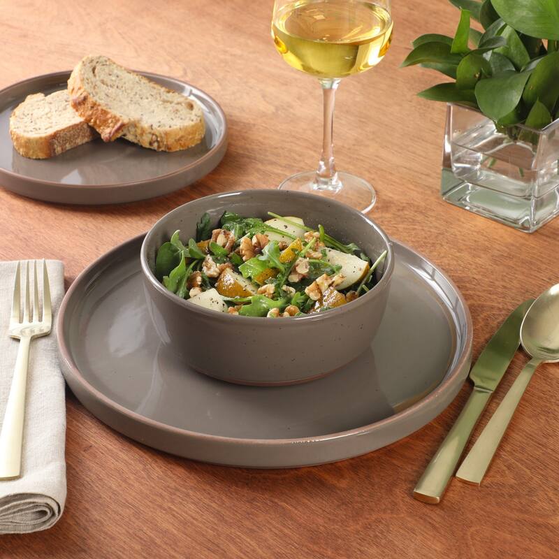 Gibson Elite Northrock Stoneware Dinnerware Set, 16-Piece Service for 4 - Plates & Bowls with Hand-Painted Terracotta Base