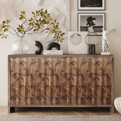 GDF Studio - Homestead 60 Inch Farmhouse 4-Door Wooden Cabinet with Decorative Hexagonal Doors