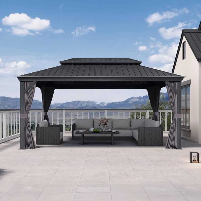 PURPLE LEAF Outdoor Galvanized Steel Full size Hardtop Gazebo Aluminum Frame Gazebo With Curtains - 10' x 16' - Grey