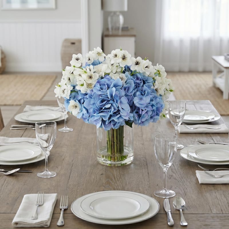 Hydrangea and Cherry Blossom Arrangement in Glass Vase