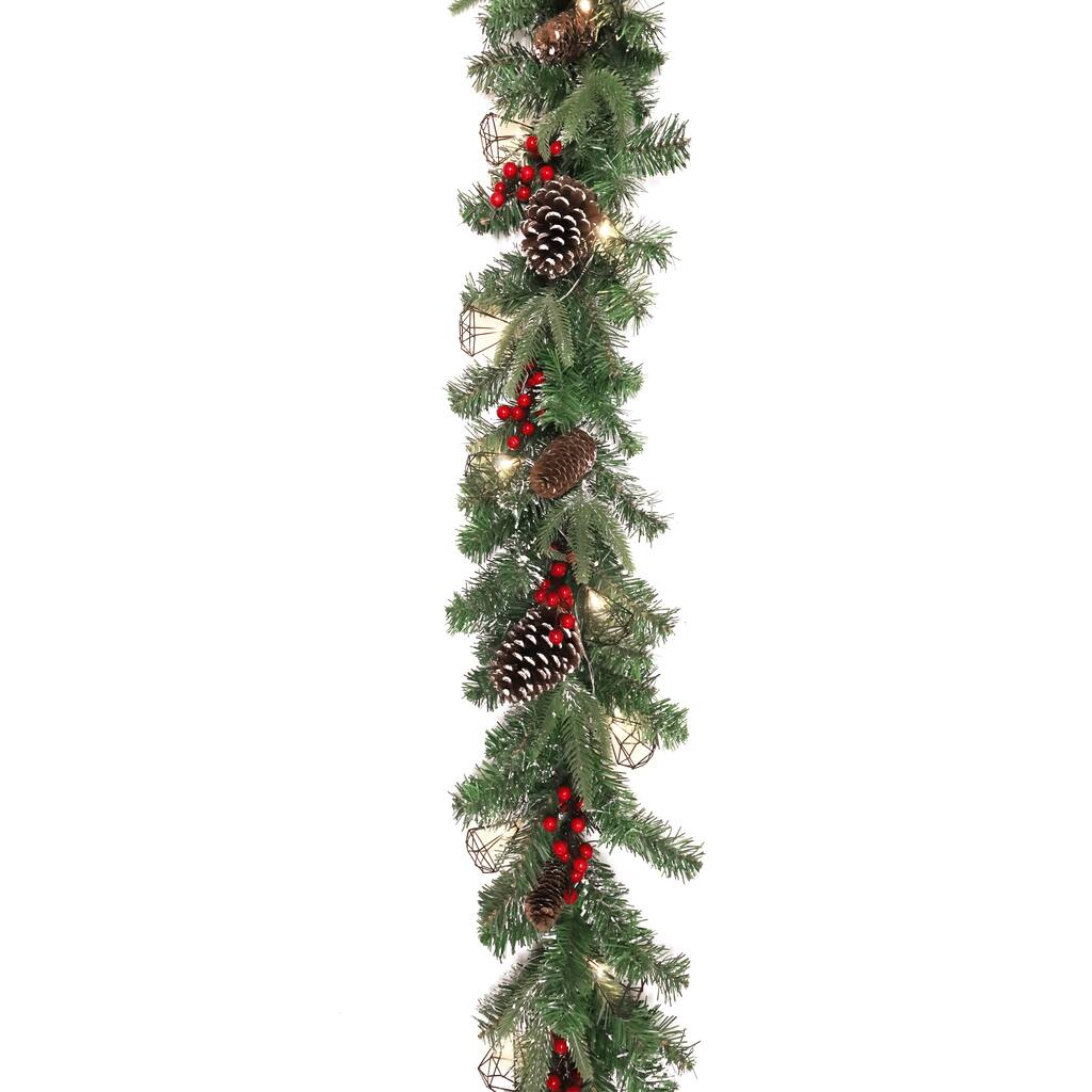 6ft Artificial Mixed Frosted Berry Pine Cone & Pine Christmas Garland with Geometric Crystal String Light Set