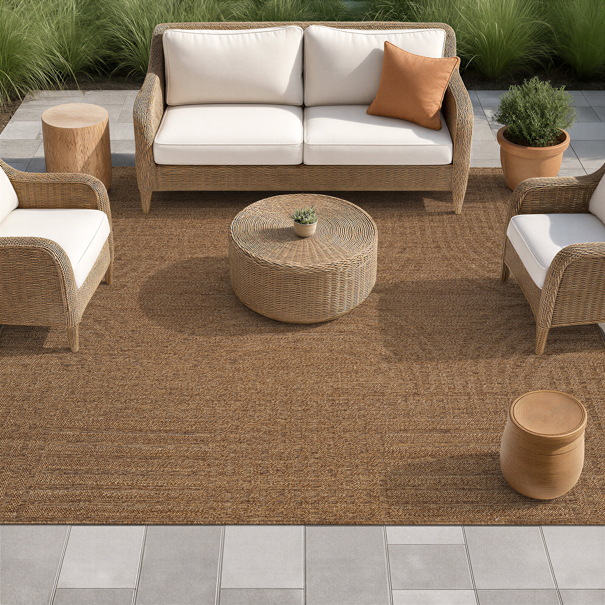 World Rug Gallery Geometric Indoor/Outdoor Flat Woven Area Rug - Natural Jute-Style, Easy-Care Patio Rug for Balcony Patio Deck - Natural - 7' 10" x 10'