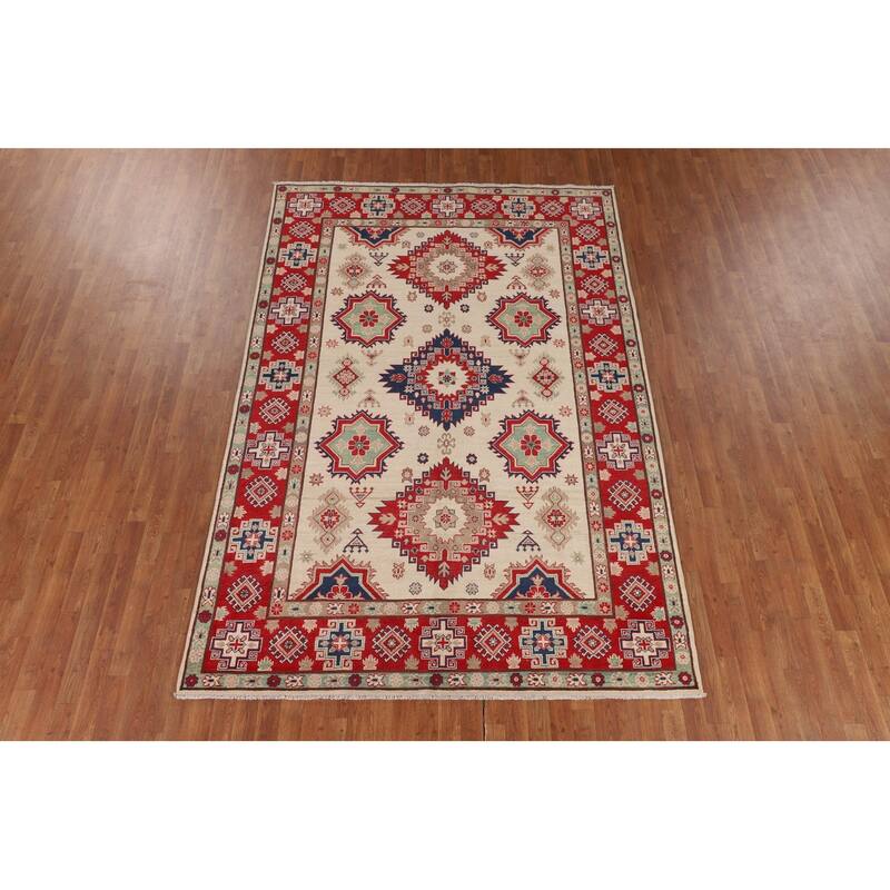 Ivory Kazak Oriental Area Rug Hand-Knotted Wool Carpet - 6'7" x 9'8"