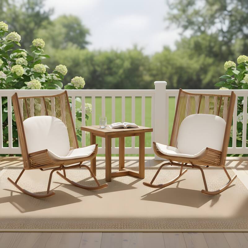 Christopher Knight Home - Modern Outdoor Metal Frame Woven High Arc Backrest Rocking Chair and Solid Acacia Wood Side Table Set