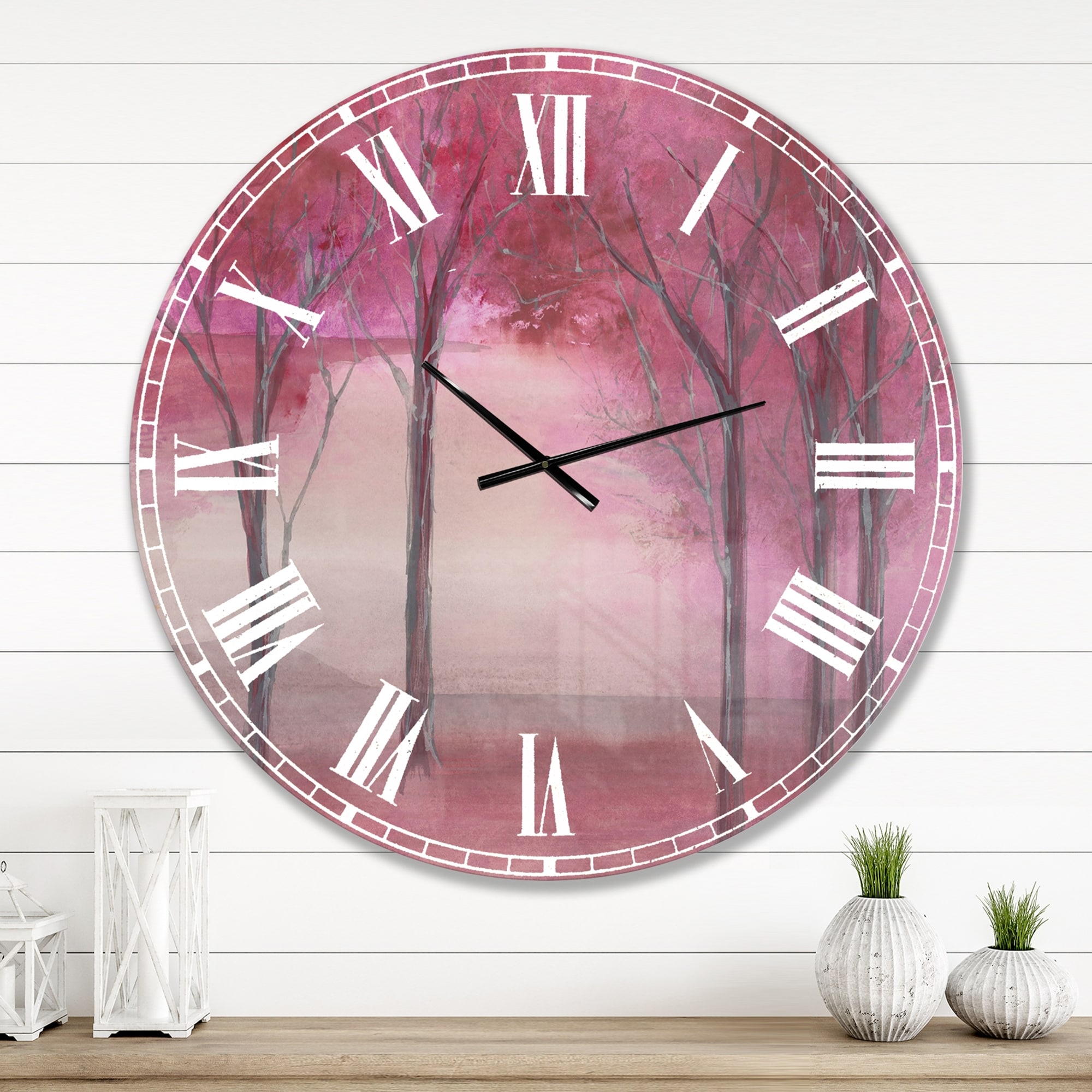 Designart 'Pink Forest' Traditional Landscape Large Wall CLock