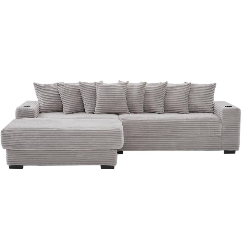 110.75" Corduroy Sectional Sofa, Convertible Sleeper Sofa Bed L-Shaped Upholstered Couch with Removable Footstool, Cup Holder