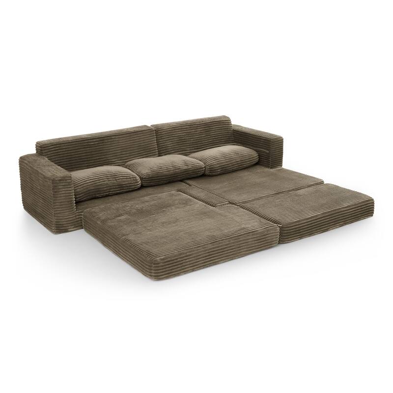 Modern Minimalist L-shape Sectional Sofa with Chaise Lounge Corduroy Compressed Folding Couch Convertible into Floor Bed