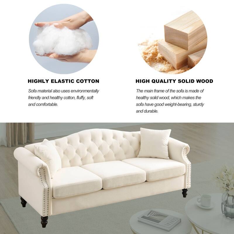 Chesterfield Sofa Velvet for Living Room, 3 Seater Sofa Tufted Couch with Rolled Arms and Nailhead, two pillows 