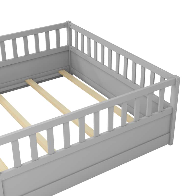 Floor Bed Pine Wood Bed Frame with Fence and Door Easy Assembly