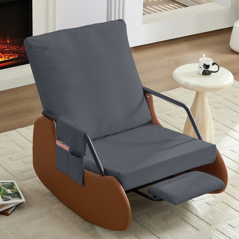 Mixoy Corduroy Upholstered Rocking Chair with Wooden Legs Wrapped in Leather,Adjustable Footrest
