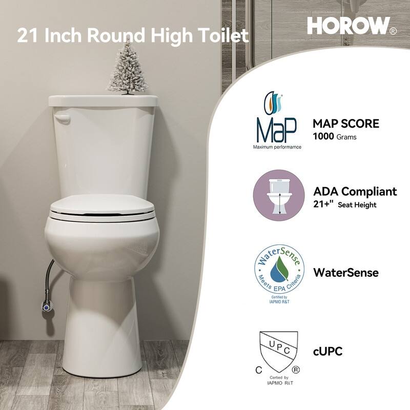 HOROW 21 in. Tall 2-Piece Round Toilet in White with Comfortable Chair Height Seat and 1000g Powerful Flush - 21 Inch