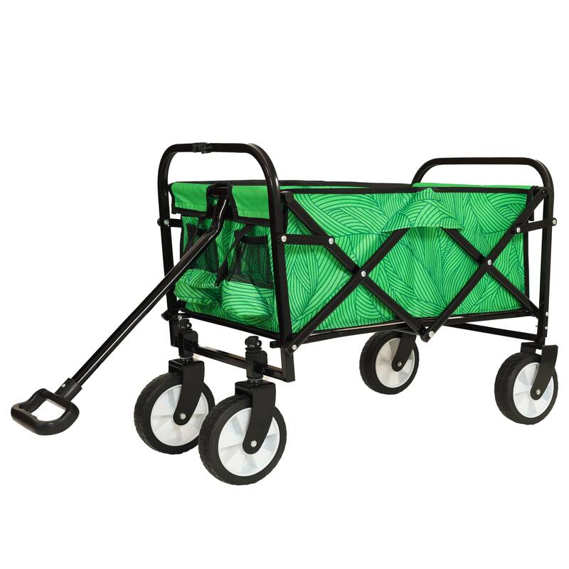 Patterned Collapsible Utility Wagon - Green Line Design with Storage Straps, 225lb Capacity