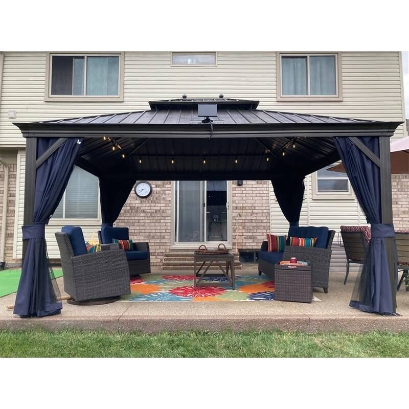 PURPLE LEAF Hardtop Aluminum Gazebo with Curtains and Netting, Double Roof Patio Gazebo