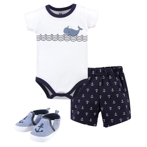 slide 1 of 1, Hudson Baby Infant Boy Cotton Bodysuit, Shorts and Shoe 3pc Set, Blue Sailor Whale 0-3 Months - Blue Sailor Whale