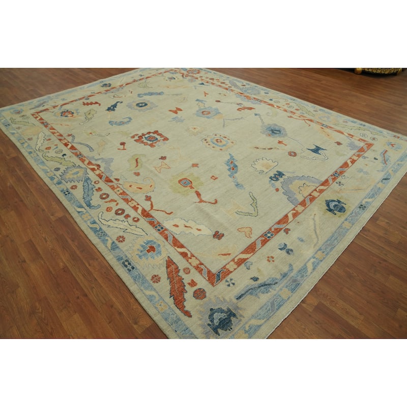 Handmade Wool Oushak Vegetable Dye Area Rug, Floral Geometric Carpet - 11' 8'' X 8' 9''