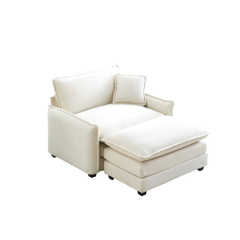 Ergonomic Corduroy Single Sofa Chair with Ottoman and Pillow - White