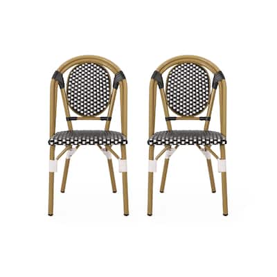 Bo Outdoor Bistro Chair Set of 2, White and Black Faux Rattan, Metal