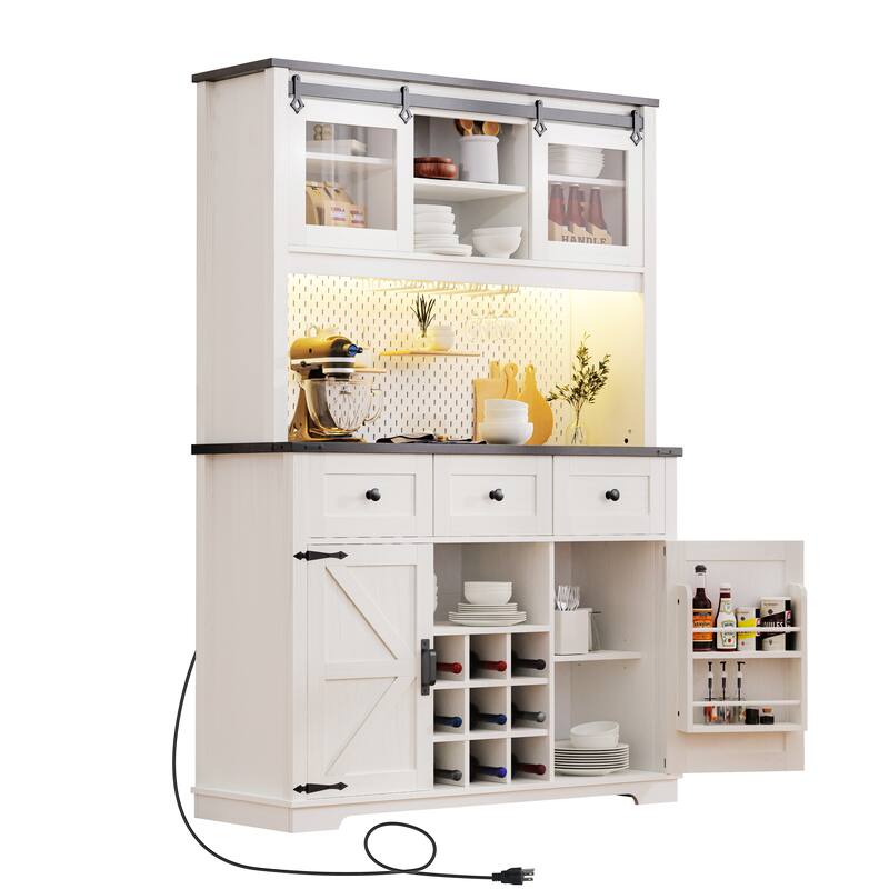Versatile Bar Cabinet Sideboard Buffet Cabinet with DIY Pegboard, RGB Light, Power Outlets, Wine and Wine Glass Storage
