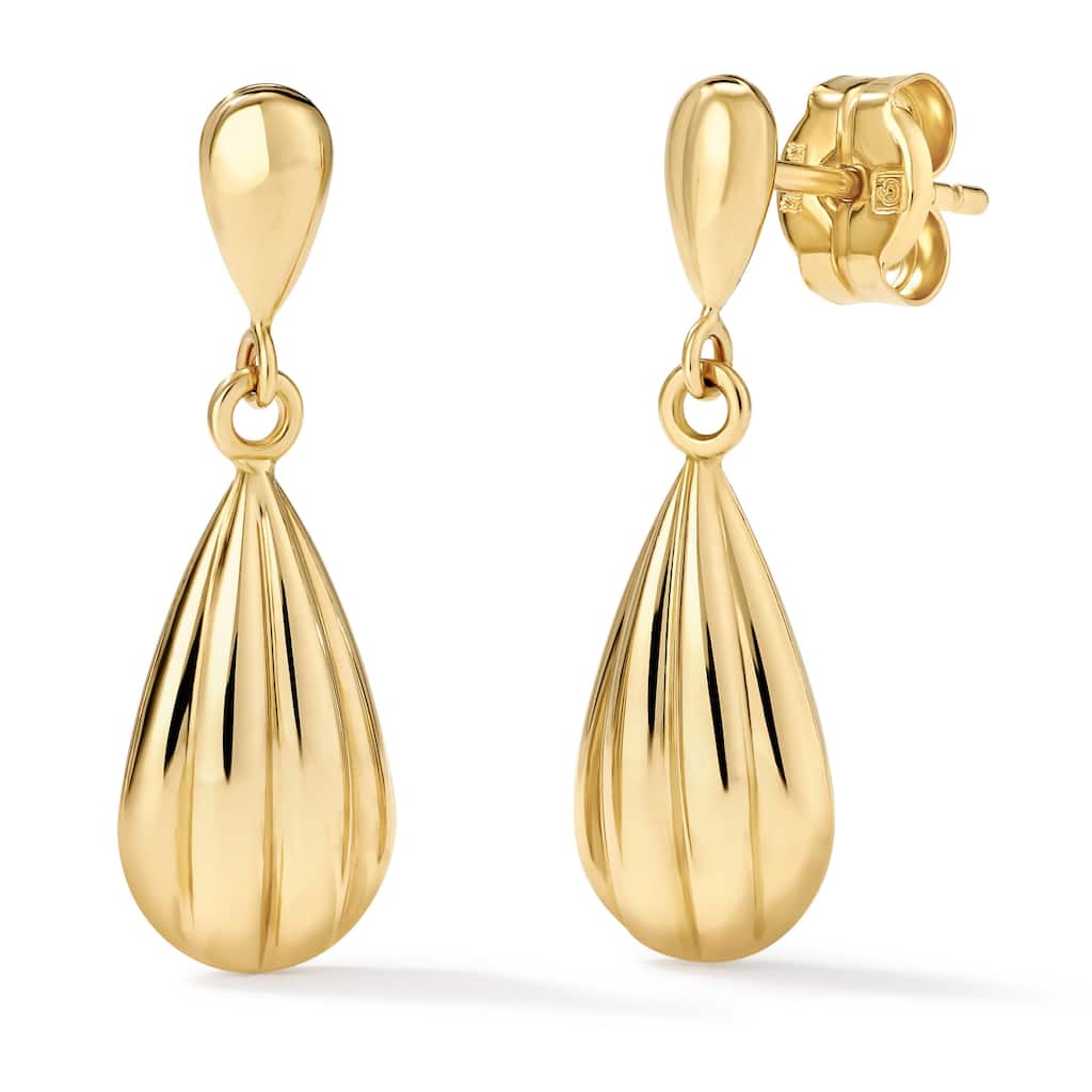 Clover 14K Yellow Gold High-Polish Fluted Teardrop Dangle Stud Earrings
