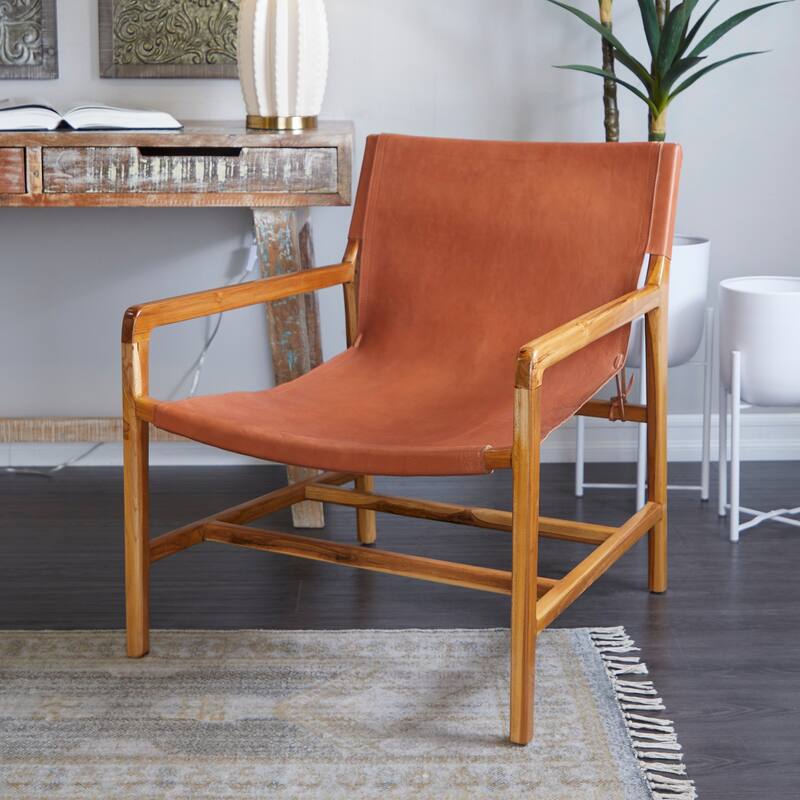 Teak Wood Living Room Accent Chair with Leather or Woven Cane Seat