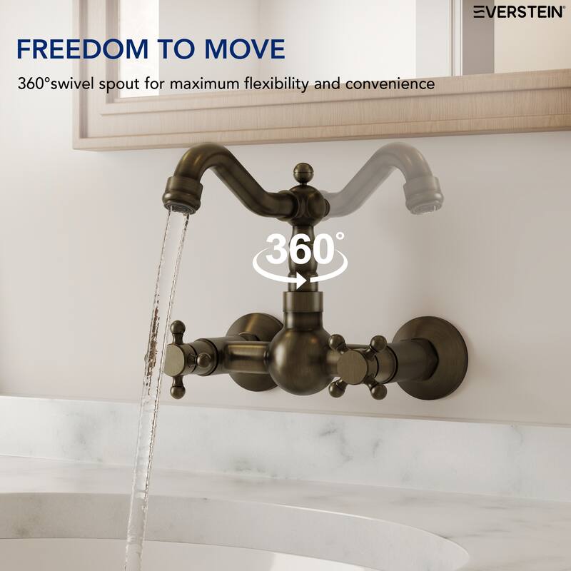 Wall Mounted Vintage Bathroom Sink Faucet, Double Handle Antique Bronze Bathroom Faucet