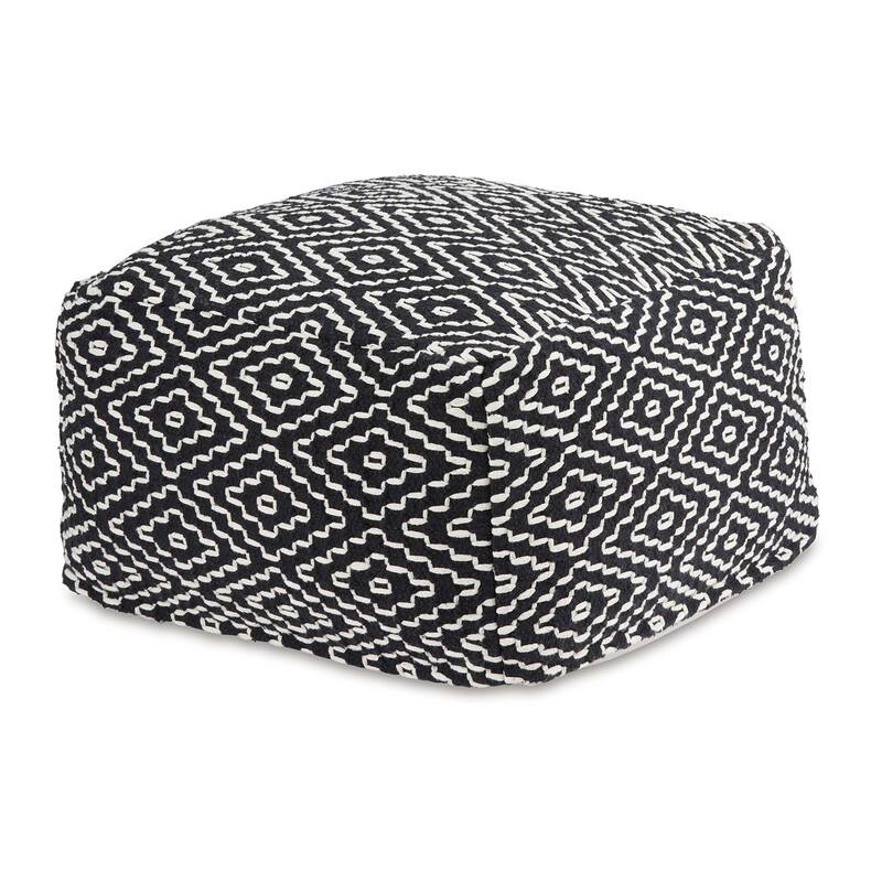 Sena 22 Inch Ottoman Pouf, Handwoven Pattern, Cotton Cover, Black White