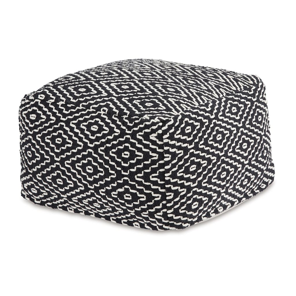 Sena 22 Inch Ottoman Pouf, Handwoven Pattern, Cotton Cover, Black White