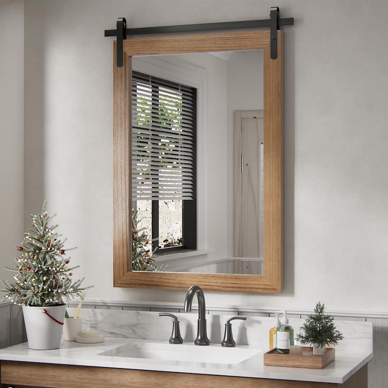 Farmhouse Rectangular Wood Frame Wall Mirror, Rustic Barn Door Bathroom Vanity Mirror - 22W * 30H Inches - Warm Brown