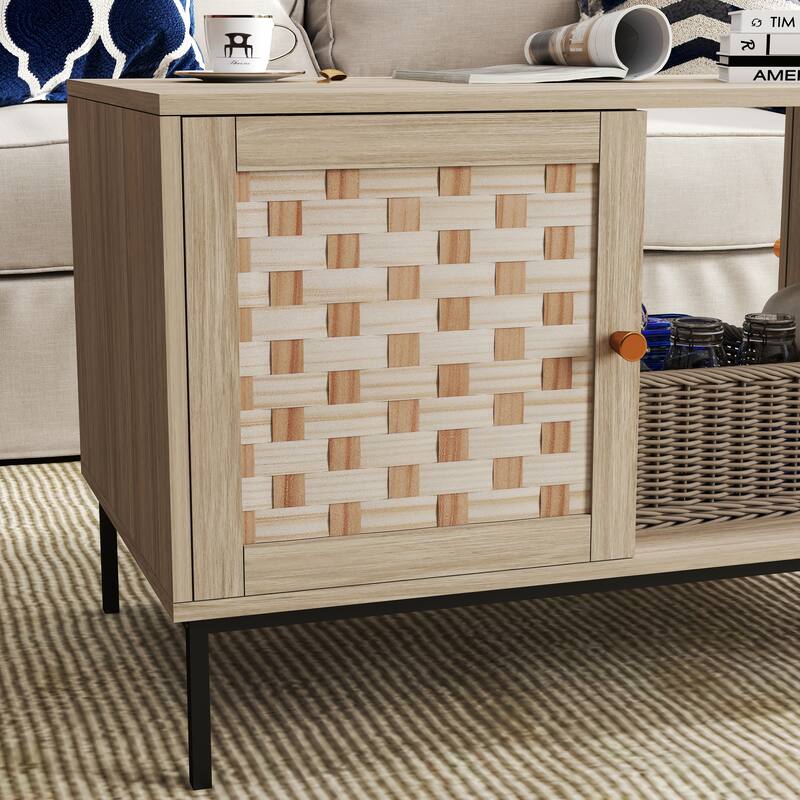 Modern Woven Coffee Table Wooden Center Rectangular Table with 4 Sliding Door Storage Cabinets, for Living Room