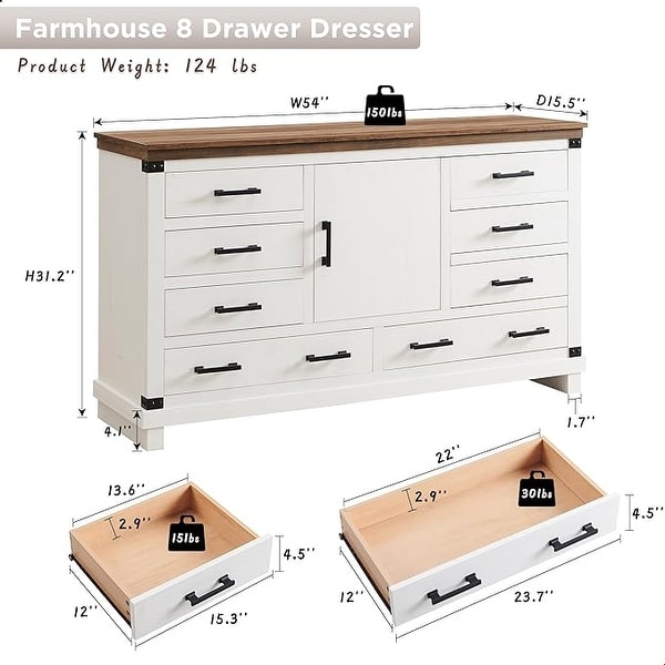 Farmhouse 8 Drawer Dresser, Wood Long Chest of Drawers, Closet