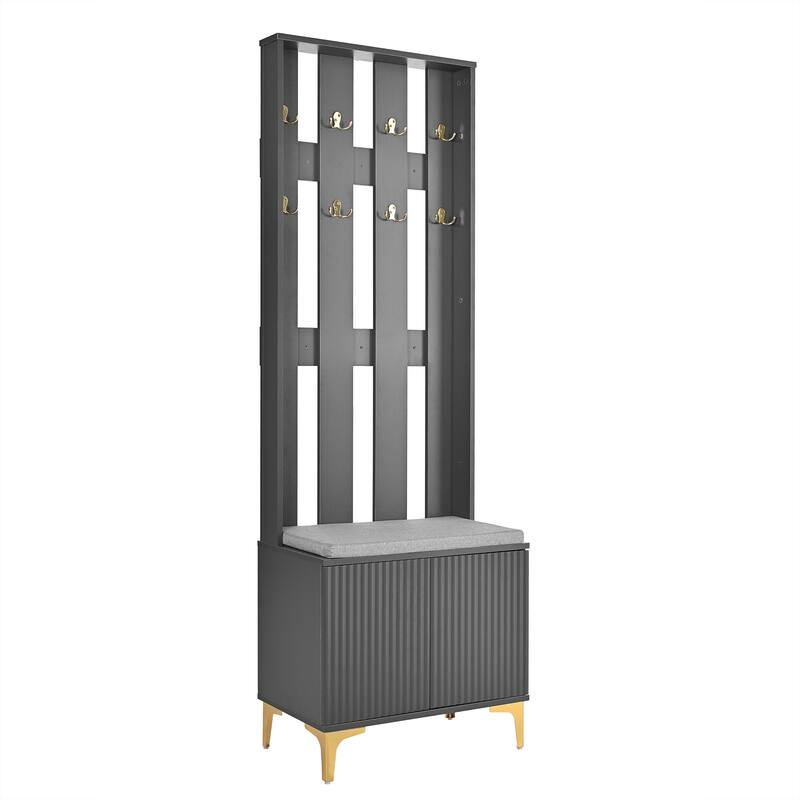 Modern Hall Tree, Wood Coat Rack with 8 Gold Hooks and Legs, Entryway Upholstered Bench with Adjustable Shelves & Doors