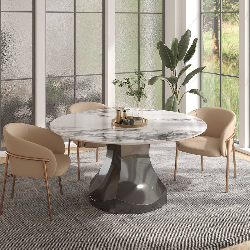 Modern Round Rock Stone Top Gunmetal Grey Stainless Steel Pedestal Dining Table