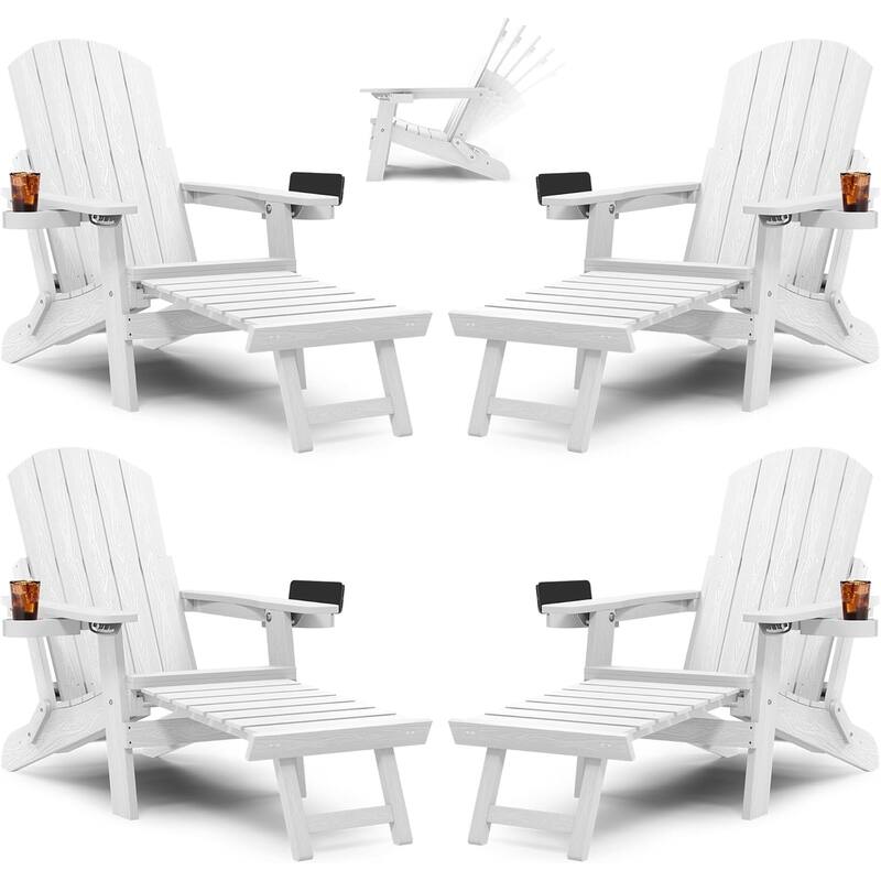 WINSOON All Weather HIPS Folding Adirondack Chair 5-Gear Adjustable Backrest Chairs with Retractable Ottoman Set of 4 - White