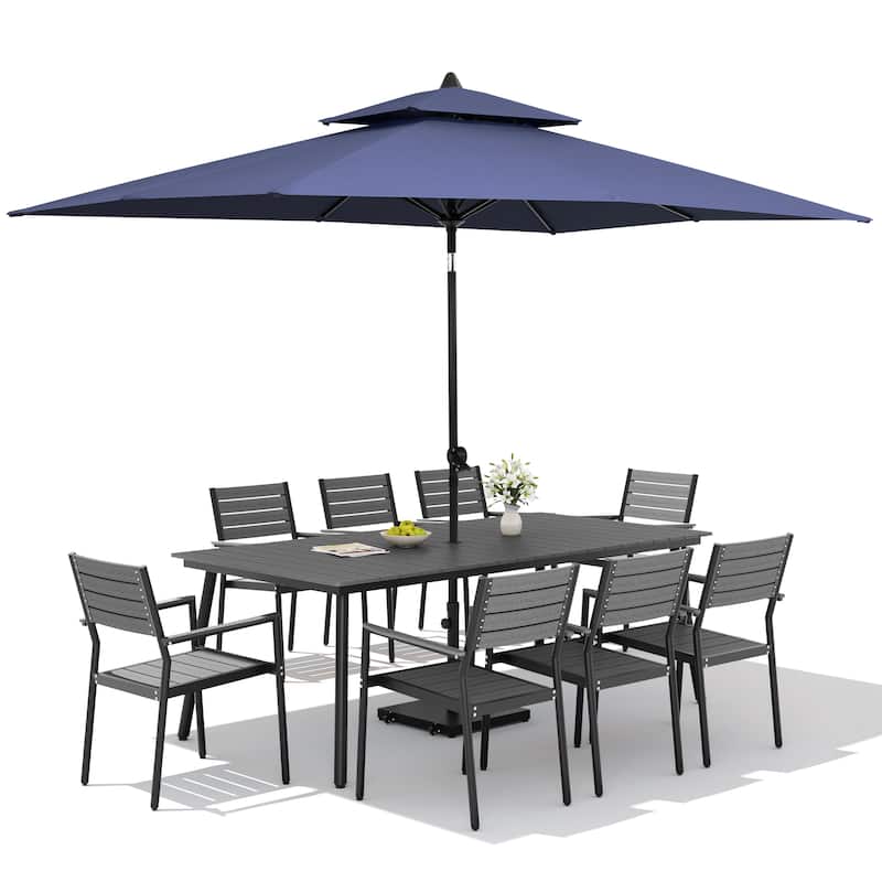 11PC Outdoor Patio Dining Set Aluminum Table with Stackable Armchairs w/ Premium Market Umbrella Sets