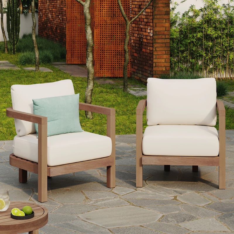 Roomfitters Outdoor Acacia Wood Patio Club Chair, Waterproof Cushions, Wash Finish with Beige Cushions - Brown+Beige (Set of 2)