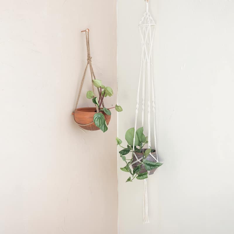 Hanging Stoneware Planter with Cotton Hanger - 9.7"L x 9.7"W x 5.1"H